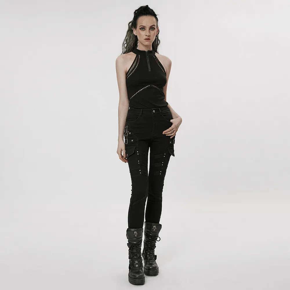 Gothic Punk Halter Mesh Tank Top - Zipper Front Black Vest