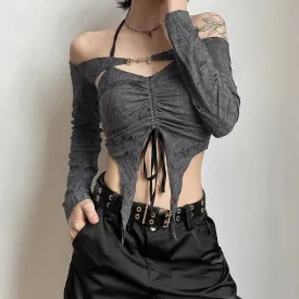 Gray Gothic Lace Cutout Long Sleeve Tuxedo Top