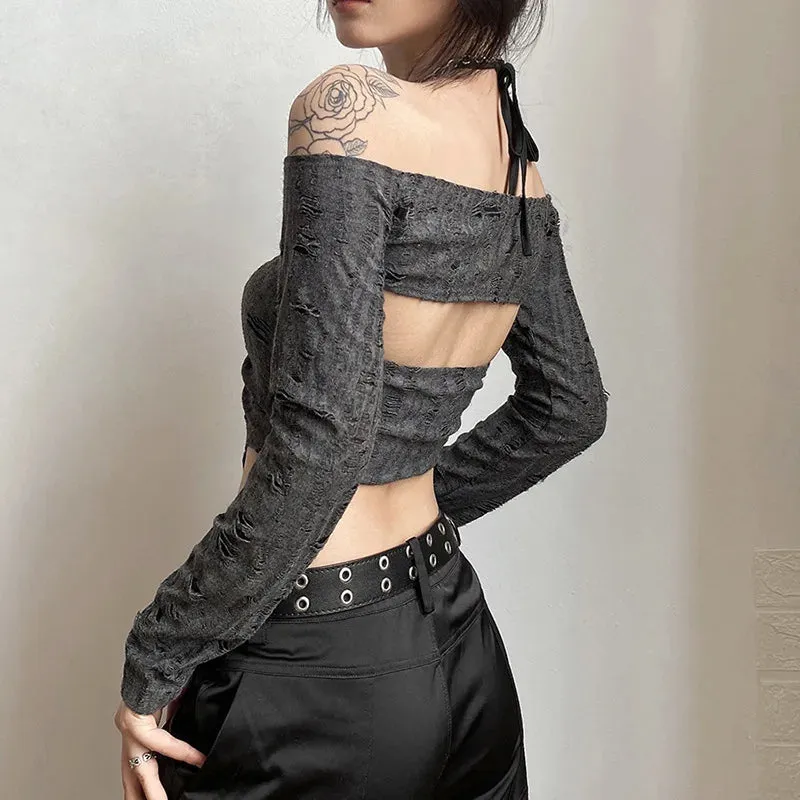 Gray Gothic Lace Cutout Long Sleeve Tuxedo Top