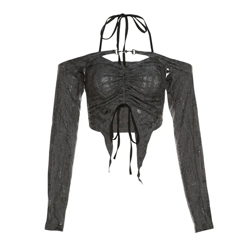 Gray Gothic Lace Cutout Long Sleeve Tuxedo Top