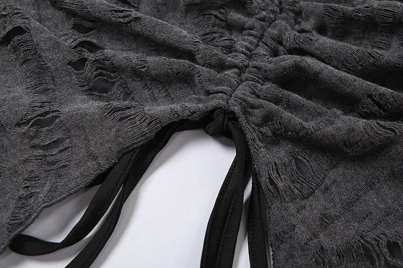 Gray Gothic Lace Cutout Long Sleeve Tuxedo Top