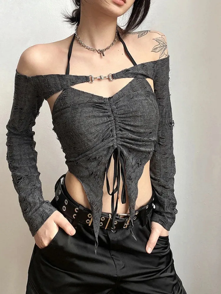 Gray Gothic Lace Cutout Long Sleeve Tuxedo Top
