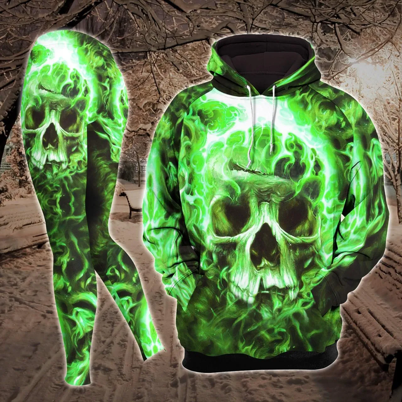 Green Gothic Smoke Skull Combo Hoodie and Leggings