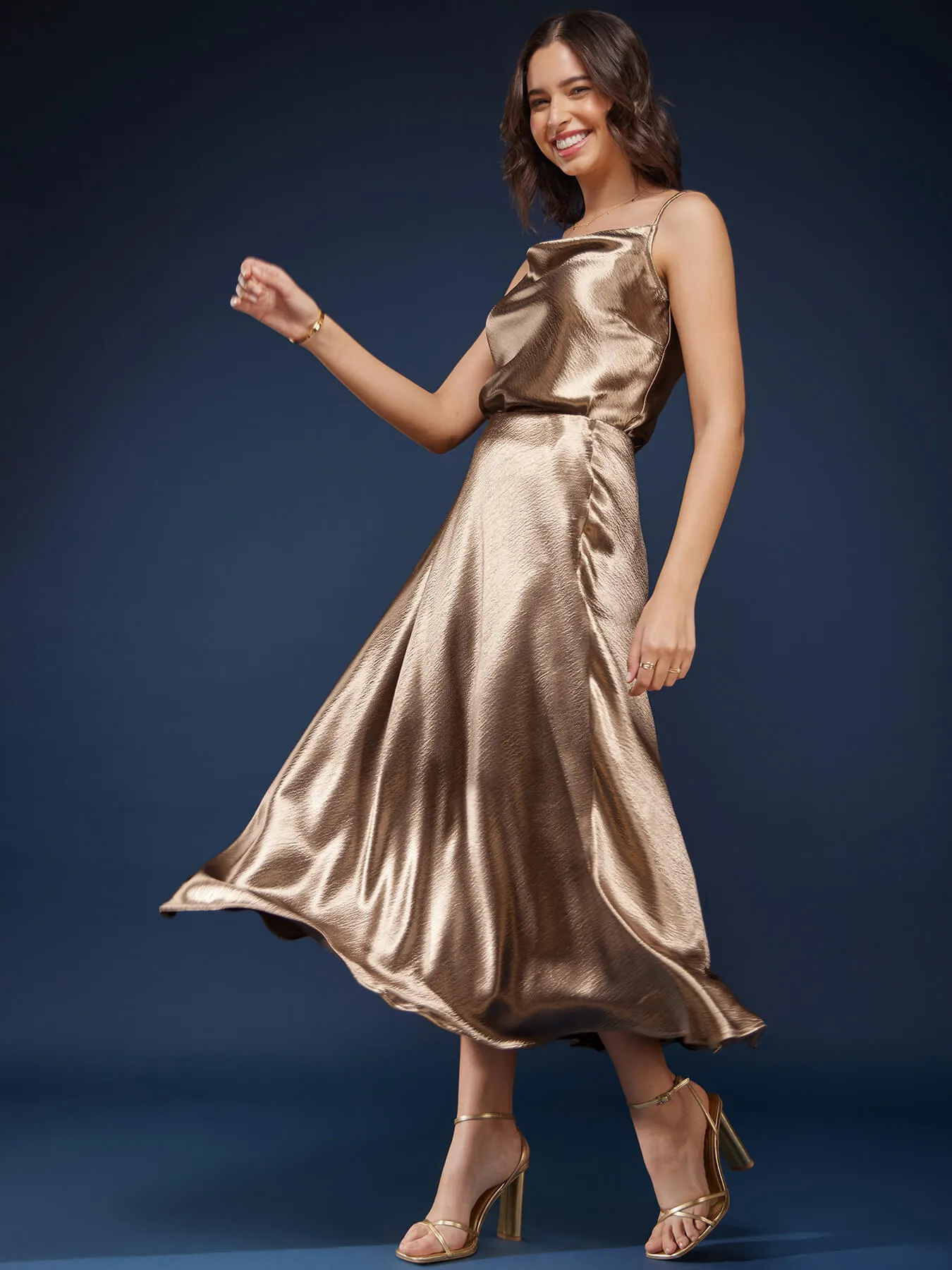 High Sheen Camisole And Skirt Co-ord Set - Brown