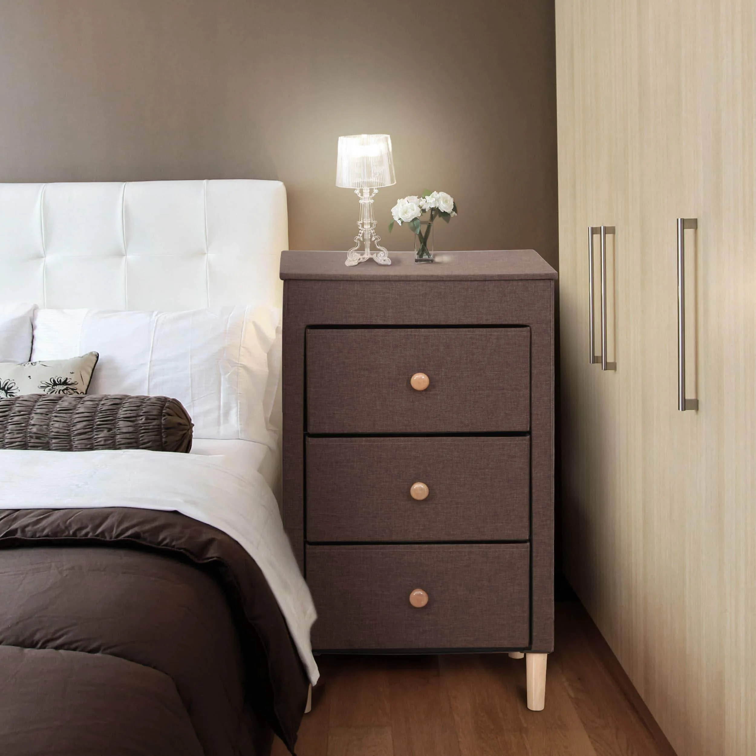 ITIDY 3-Drawer-Dresser,Premium Linen Fabric Nightstand,Bedside Table,End Table,Storage Drawer Chest for Nursery,Closet,Bedroom and Bathroom,Storage Drawer Unit, NO Tool REQURIED to Assemble, Brown