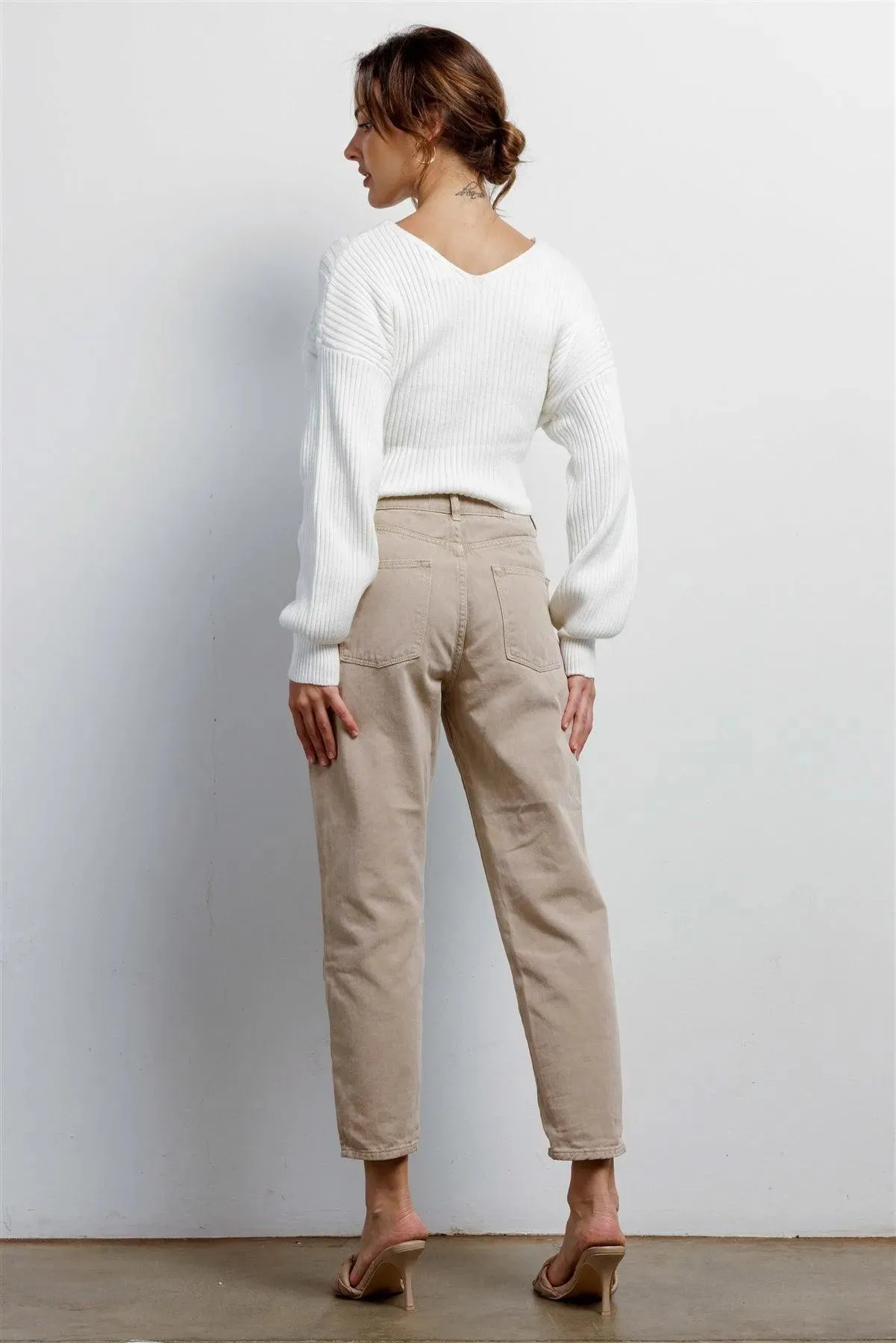 Ivory Cable Knit Wrap V-Neck Long Sleeve Cropped Sweater /3-2-1