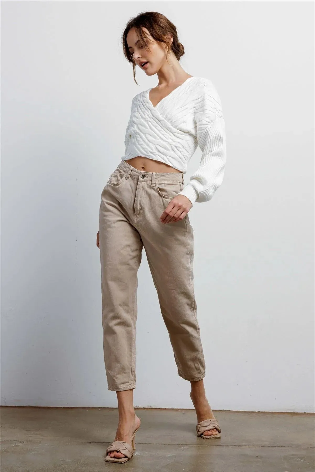 Ivory Cable Knit Wrap V-Neck Long Sleeve Cropped Sweater /3-2-1