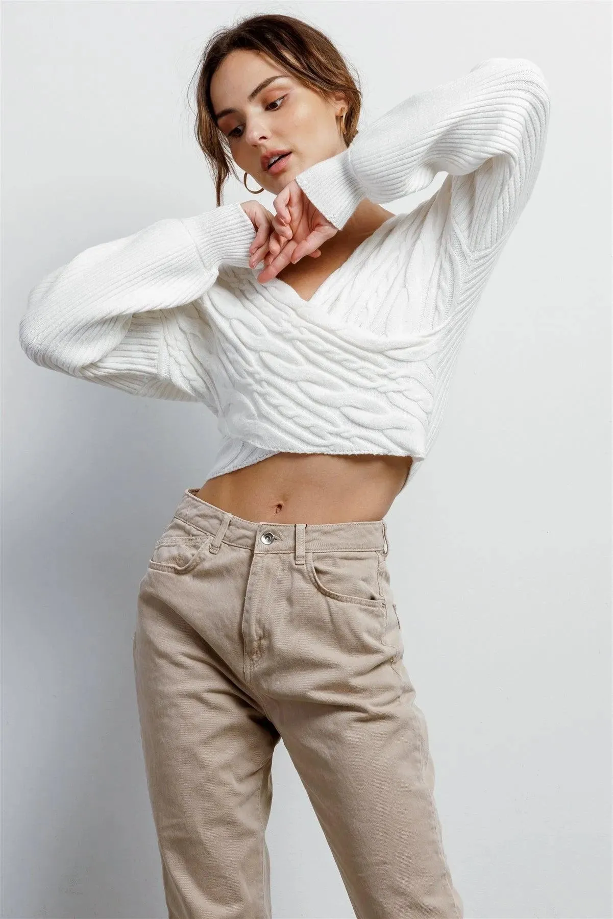 Ivory Cable Knit Wrap V-Neck Long Sleeve Cropped Sweater /3-2-1