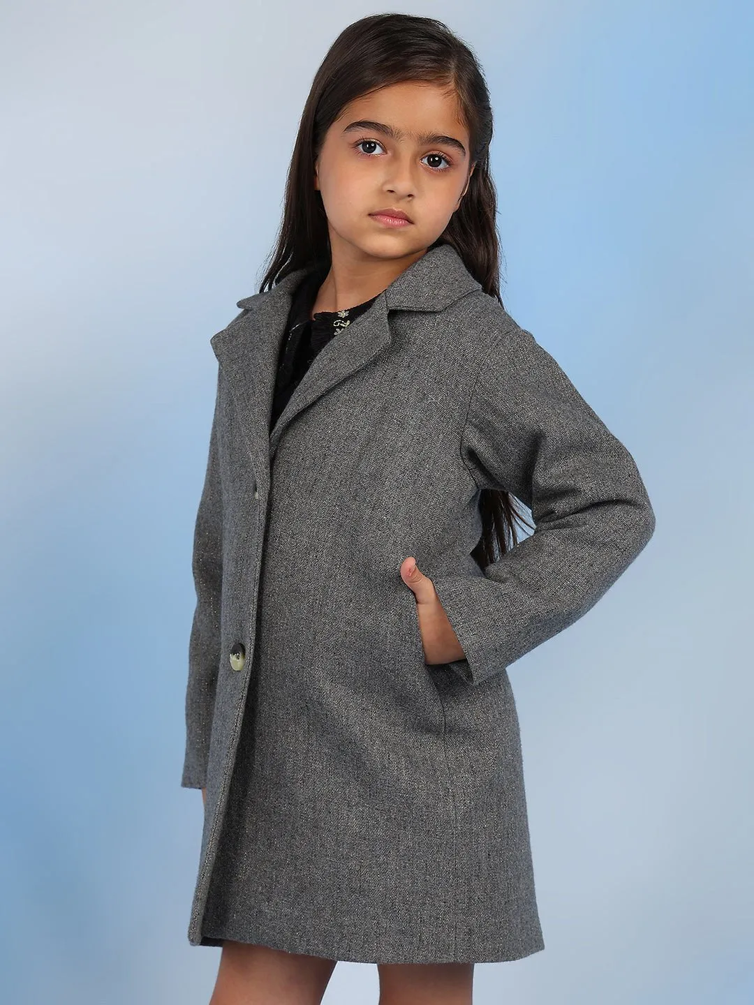 Jimy Solid Cotton Wool Girls Coat - Grey