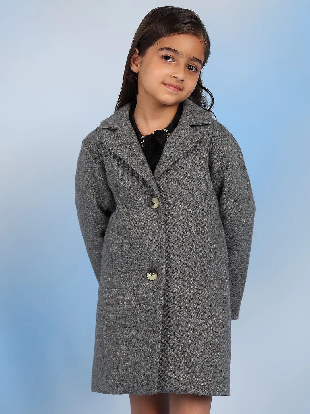 Jimy Solid Cotton Wool Girls Coat - Grey