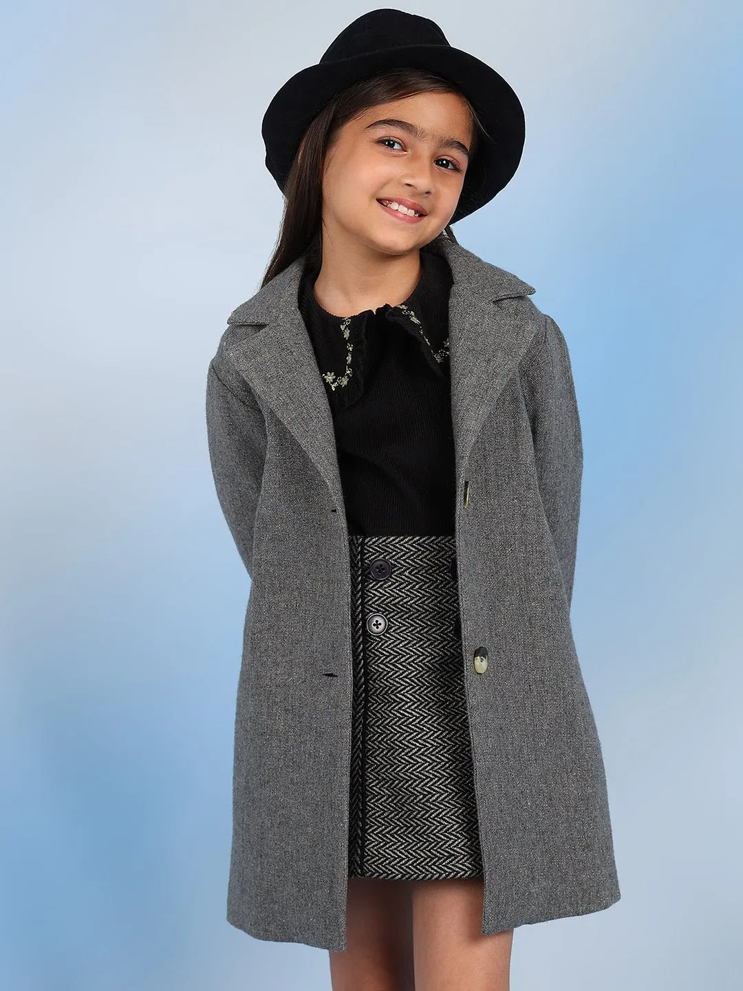 Jimy Solid Cotton Wool Girls Coat - Grey