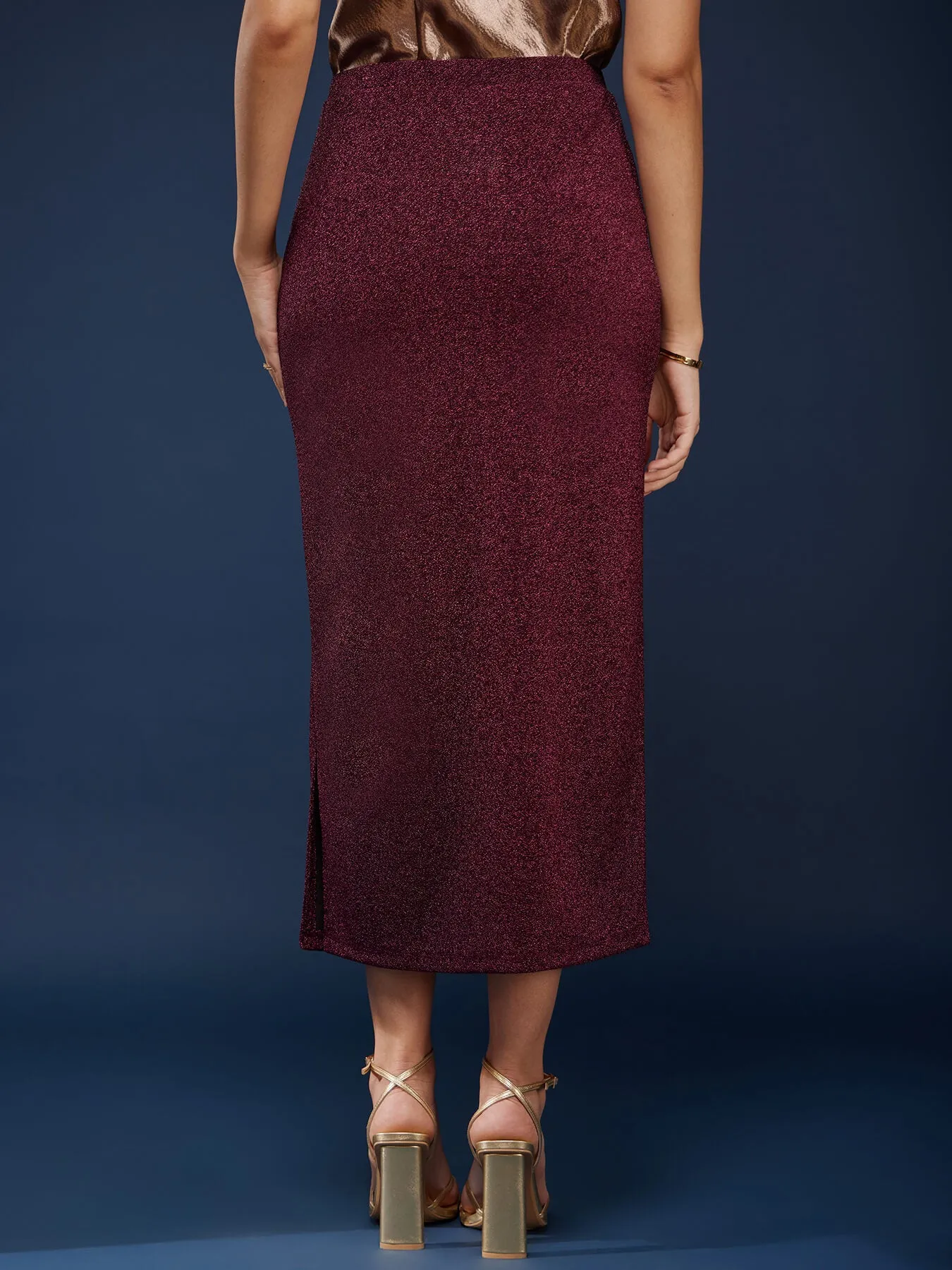 Metallic Shimmer Lurex Skirt - Maroon