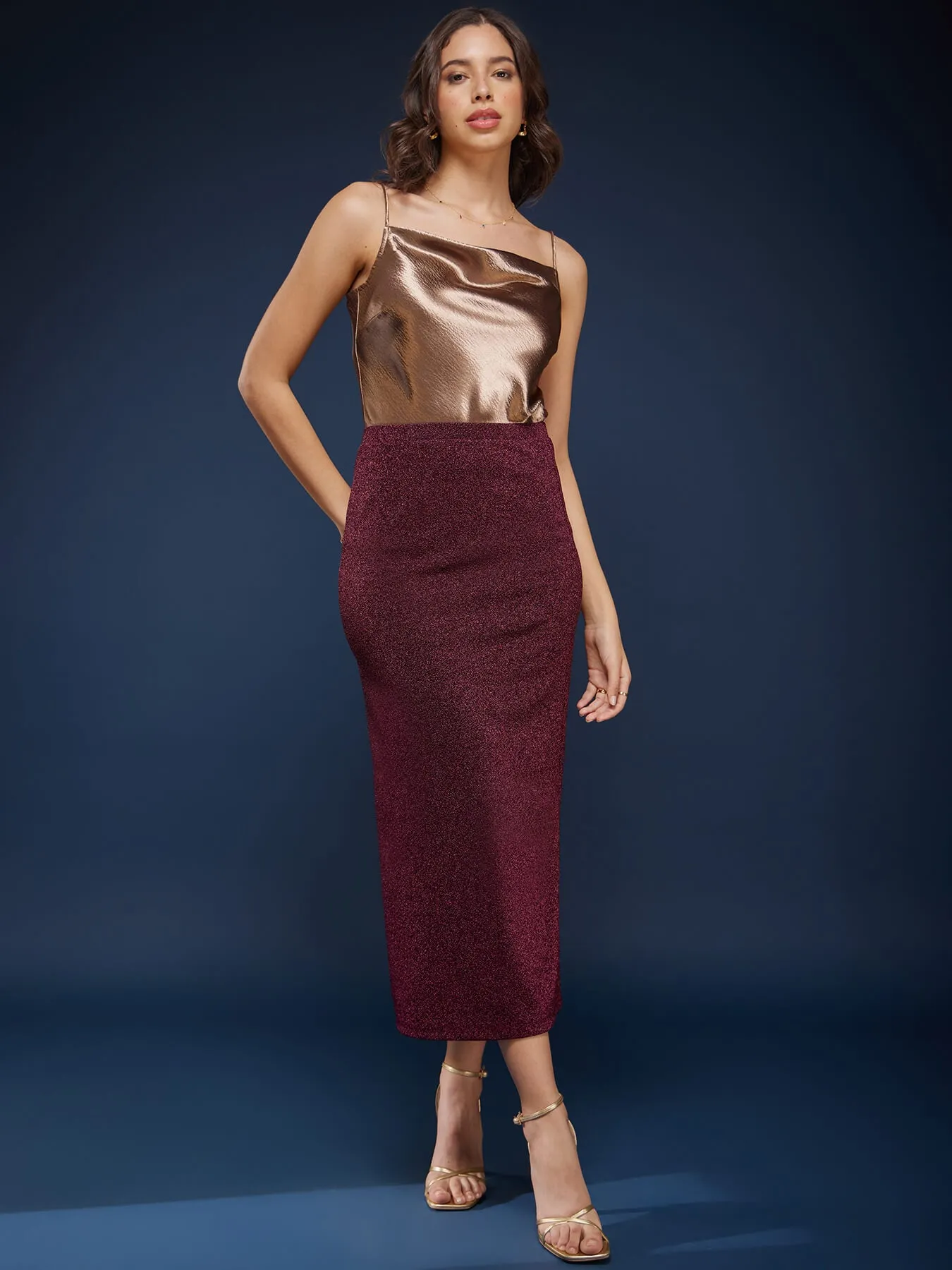 Metallic Shimmer Lurex Skirt - Maroon