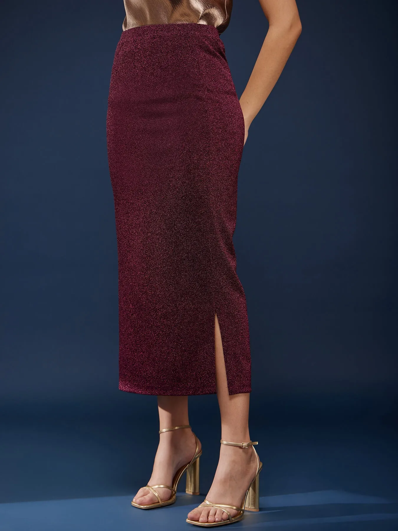 Metallic Shimmer Lurex Skirt - Maroon