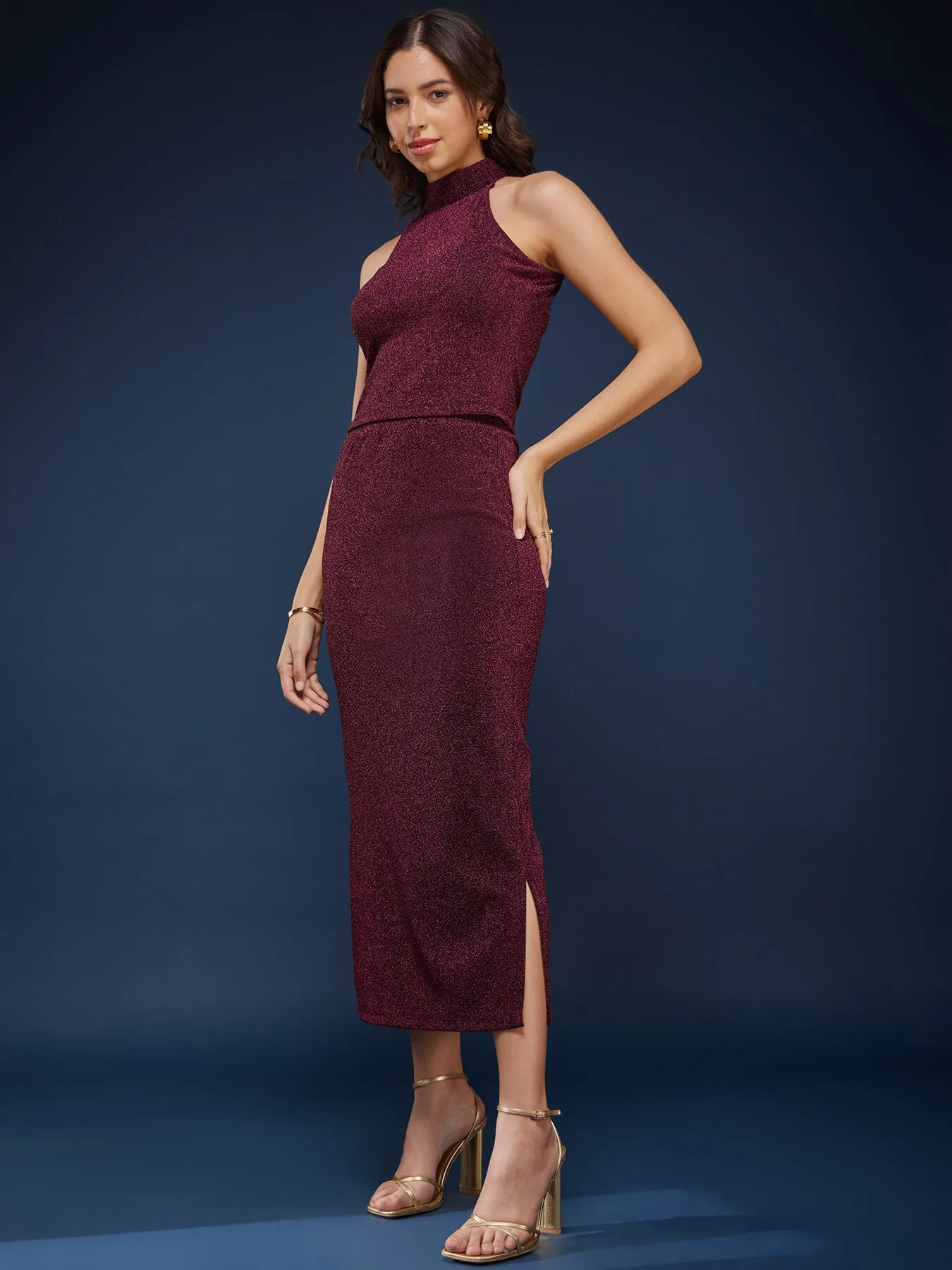 Metallic Shimmer Top And Skirt Co-ord Set - Wine