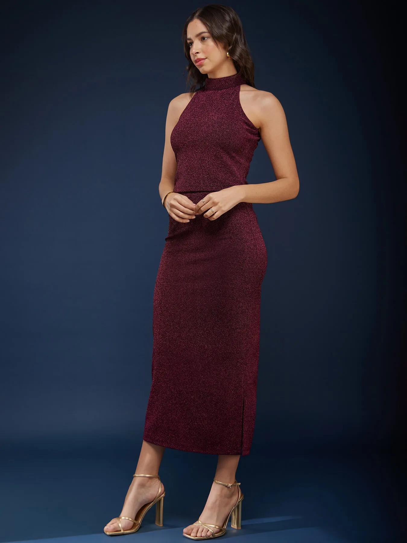 Metallic Shimmer Top And Skirt Co-ord Set - Wine