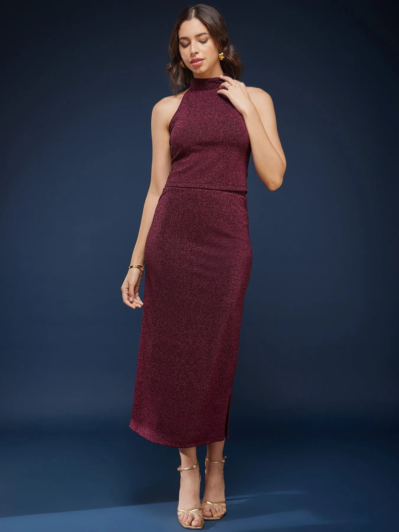 Metallic Shimmer Top And Skirt Co-ord Set - Wine