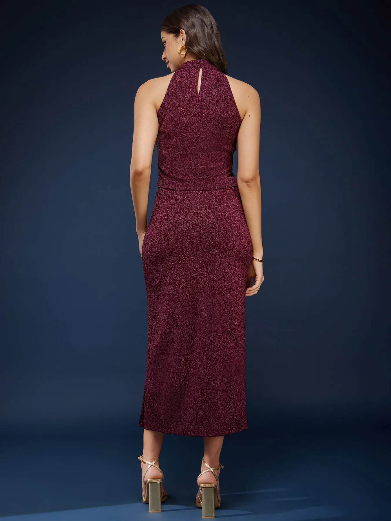 Metallic Shimmer Top And Skirt Co-ord Set - Wine