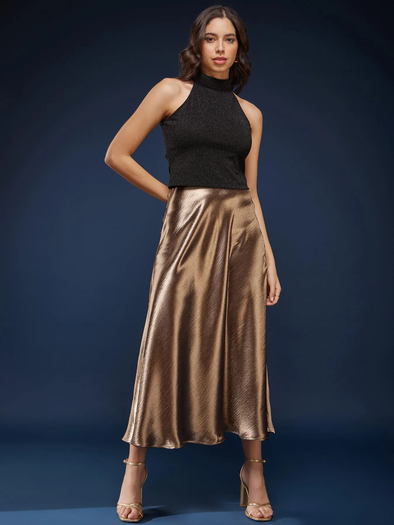 Midi A-line Flared Skirt - Brown