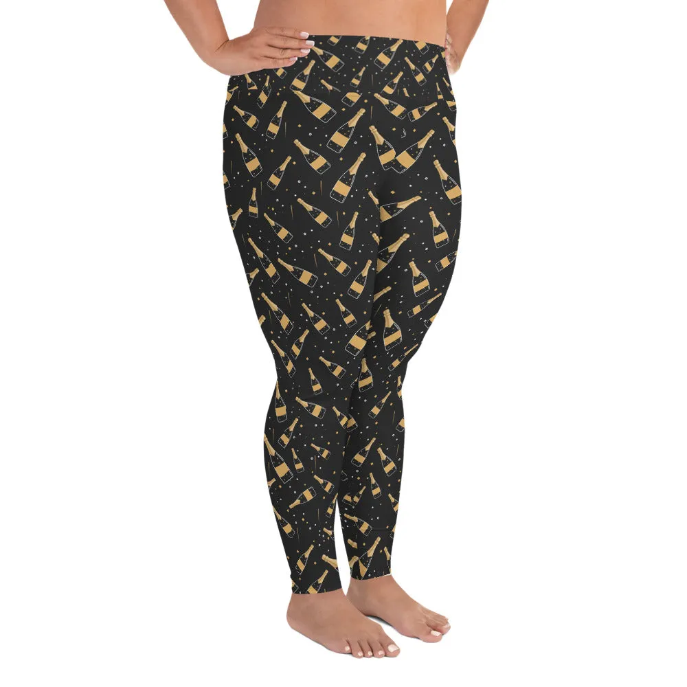 Plus Size Leggings, Champagne Bottle Print Printed Workout Running Bachelorette Designer Fun Party Yoga Pants, 2XL 3XL 4XL 5XL 6XL For Women