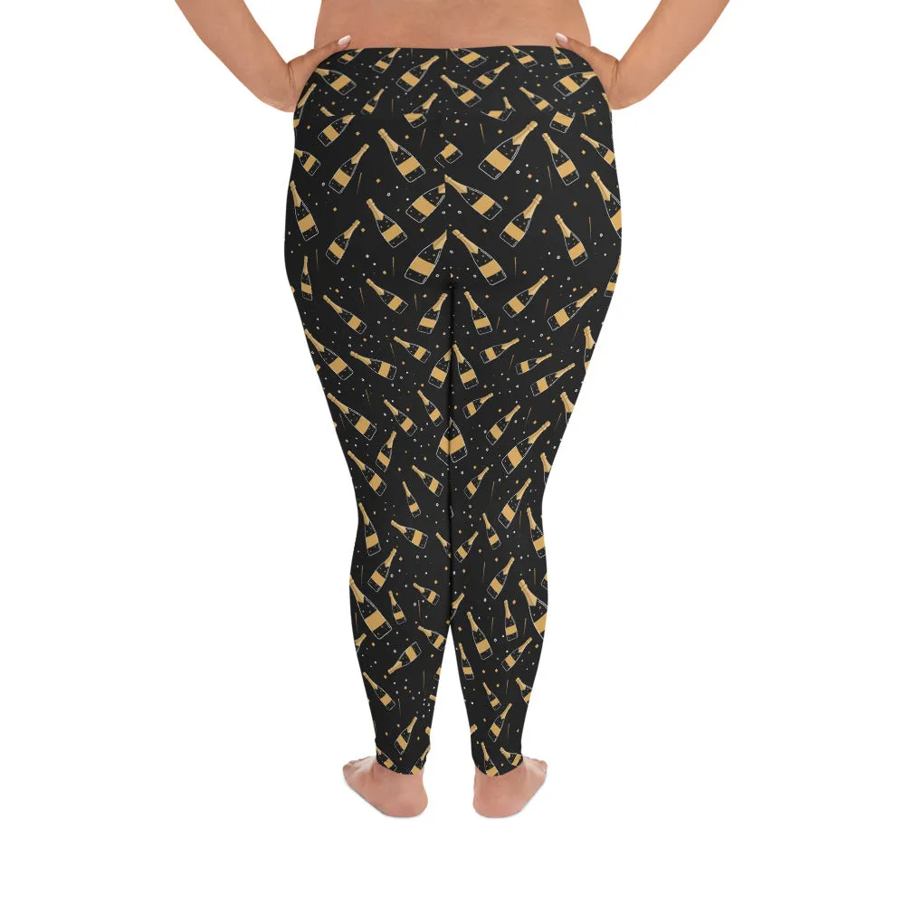 Plus Size Leggings, Champagne Bottle Print Printed Workout Running Bachelorette Designer Fun Party Yoga Pants, 2XL 3XL 4XL 5XL 6XL For Women