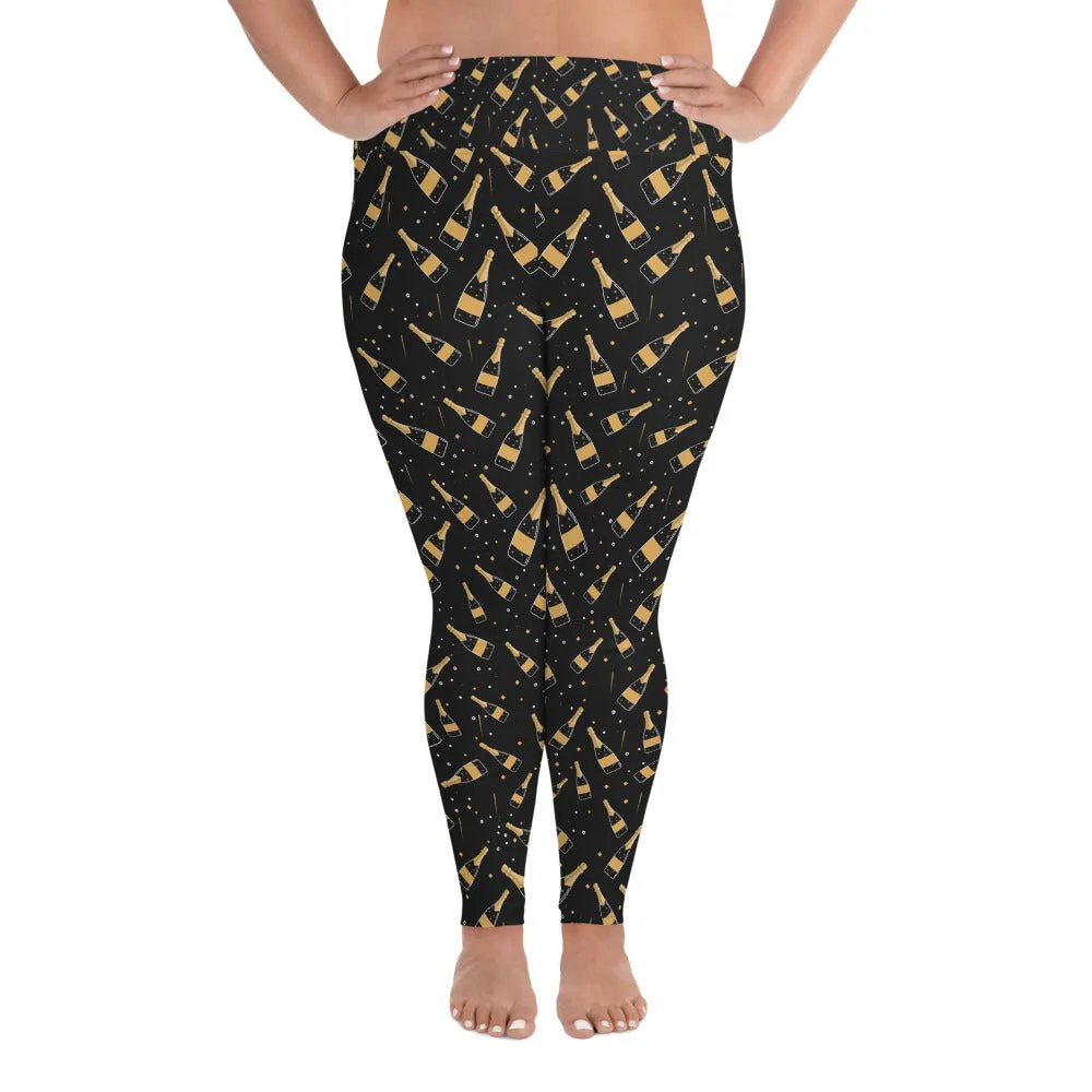 Plus Size Leggings, Champagne Bottle Print Printed Workout Running Bachelorette Designer Fun Party Yoga Pants, 2XL 3XL 4XL 5XL 6XL For Women
