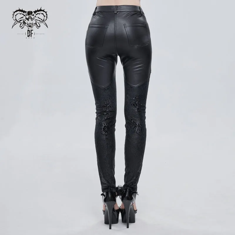 PT157 Gothic velvet printed basic style black women leather leggings