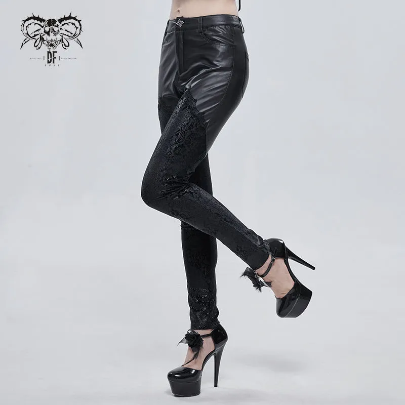 PT157 Gothic velvet printed basic style black women leather leggings