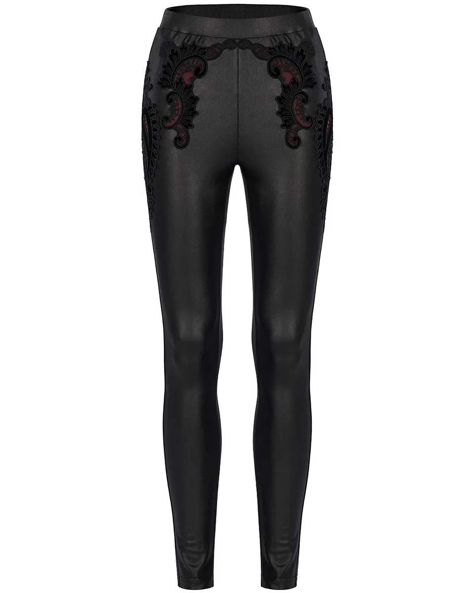 Punk Rave Womens Gothic Lace Applique Leggings - Black & Red