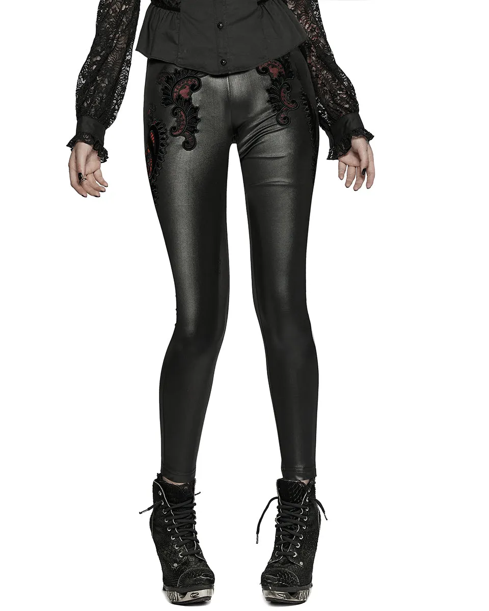 Punk Rave Womens Gothic Lace Applique Leggings - Black & Red