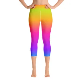 Rainbow Leggings, Tie Dye Yellow Purple Ombre, Yoga Pants, Printed Colorful Pop Art, workout Women leggings, High Waist Capri with Pocket