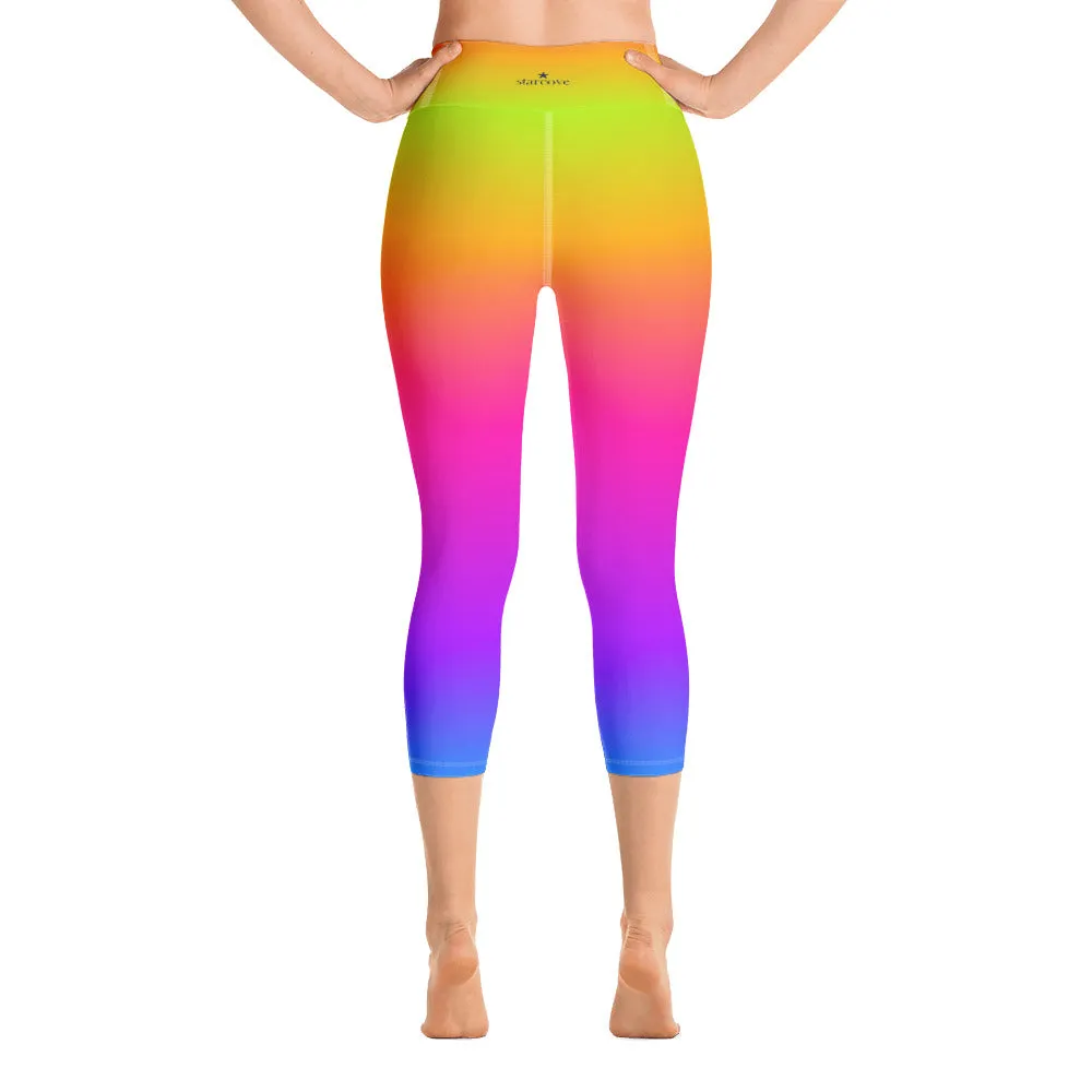 Rainbow Leggings, Tie Dye Yellow Purple Ombre, Yoga Pants, Printed Colorful Pop Art, workout Women leggings, High Waist Capri with Pocket