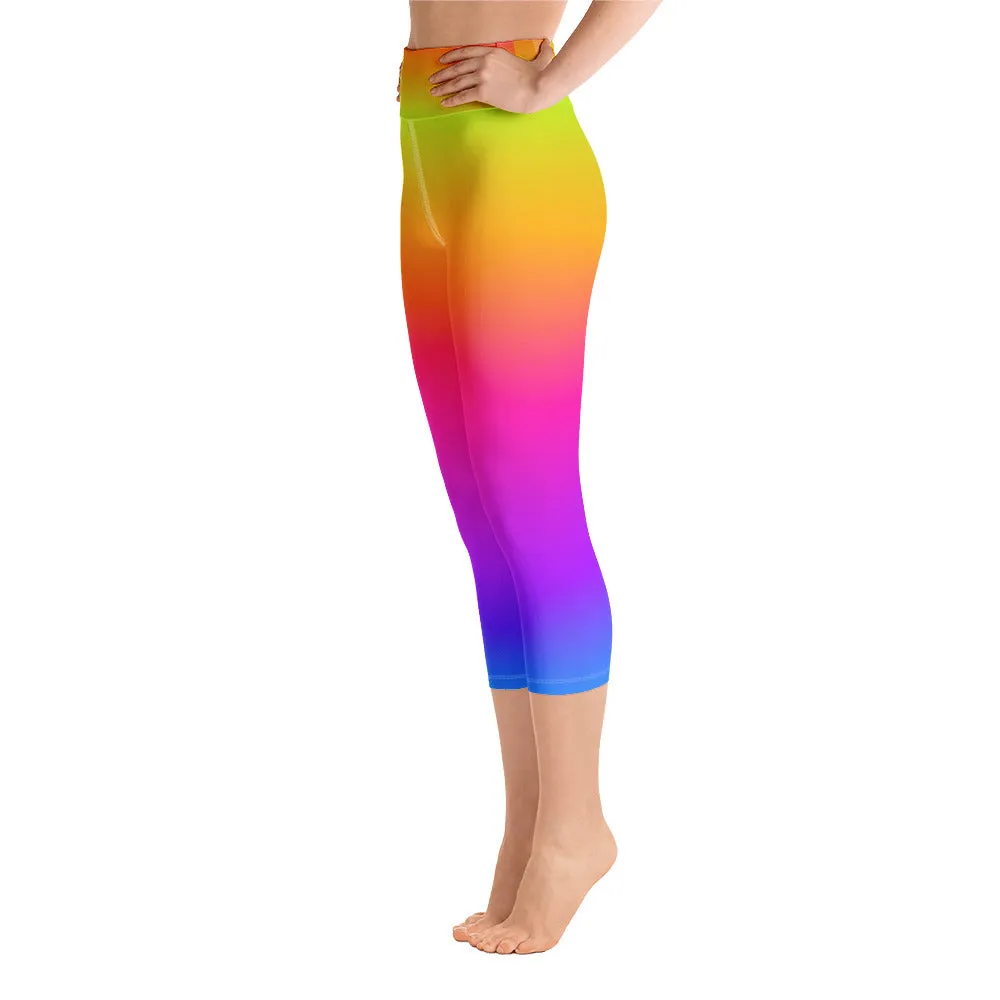 Rainbow Leggings, Tie Dye Yellow Purple Ombre, Yoga Pants, Printed Colorful Pop Art, workout Women leggings, High Waist Capri with Pocket