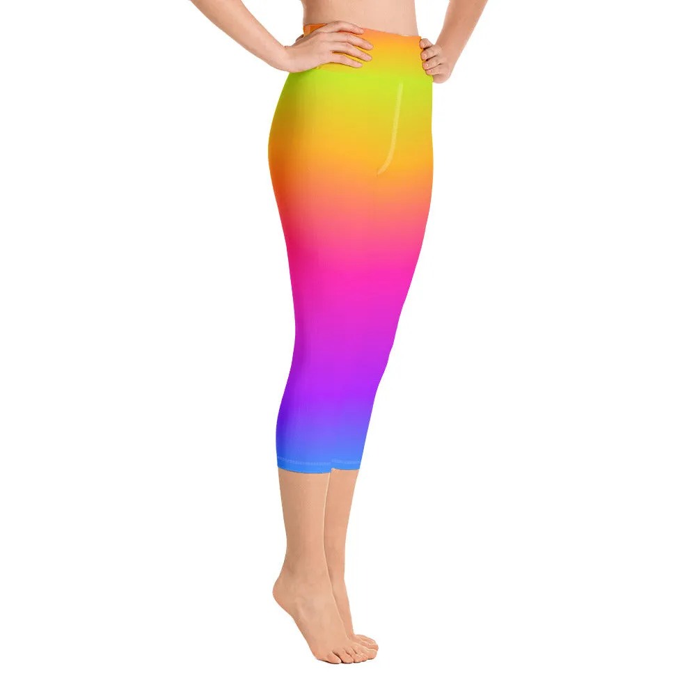 Rainbow Leggings, Tie Dye Yellow Purple Ombre, Yoga Pants, Printed Colorful Pop Art, workout Women leggings, High Waist Capri with Pocket