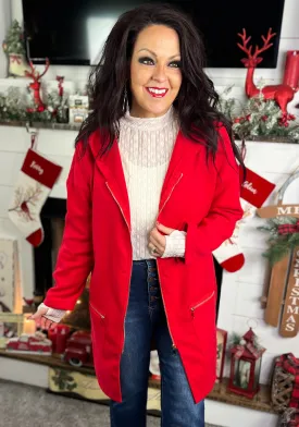 Red Zip Front Hooded Coat
