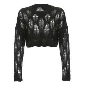 Ripped Knitted Short Sweater with Openwork Holes