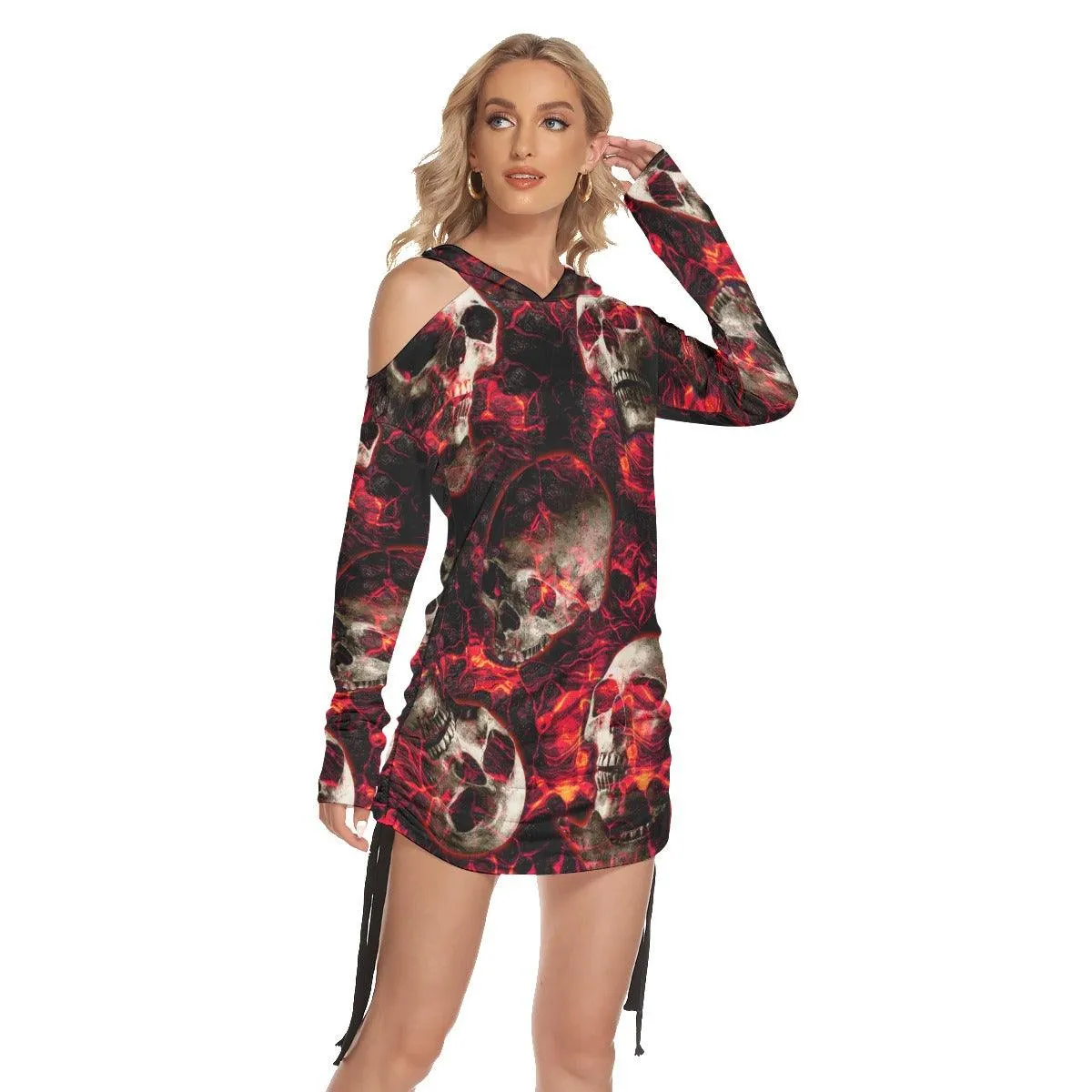 Shadow Fire Skull All Over Print Women One Shoulder Dress With Waist Shirring
