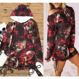 Shadow Fire Skull All Over Print Women One Shoulder Dress With Waist Shirring