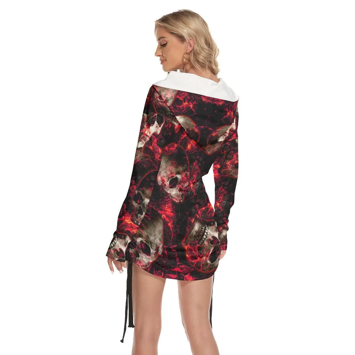 Shadow Fire Skull All Over Print Women One Shoulder Dress With Waist Shirring