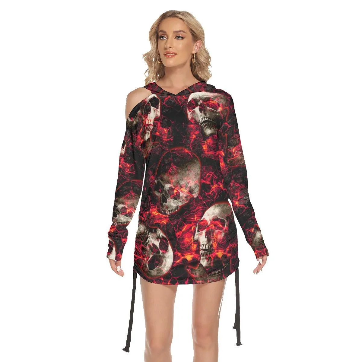 Shadow Fire Skull All Over Print Women One Shoulder Dress With Waist Shirring