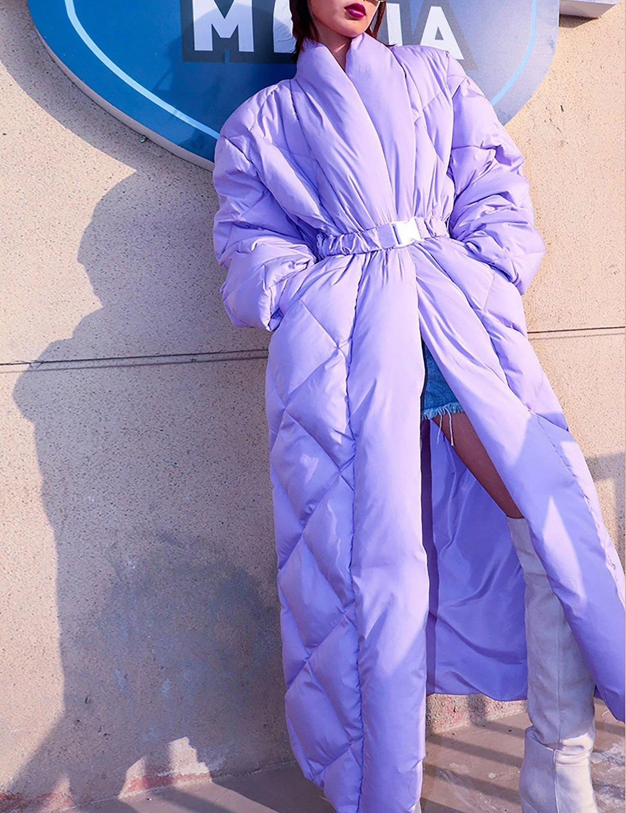 Shawl Collar Belted Wrap Maxi Puffer Down Coat