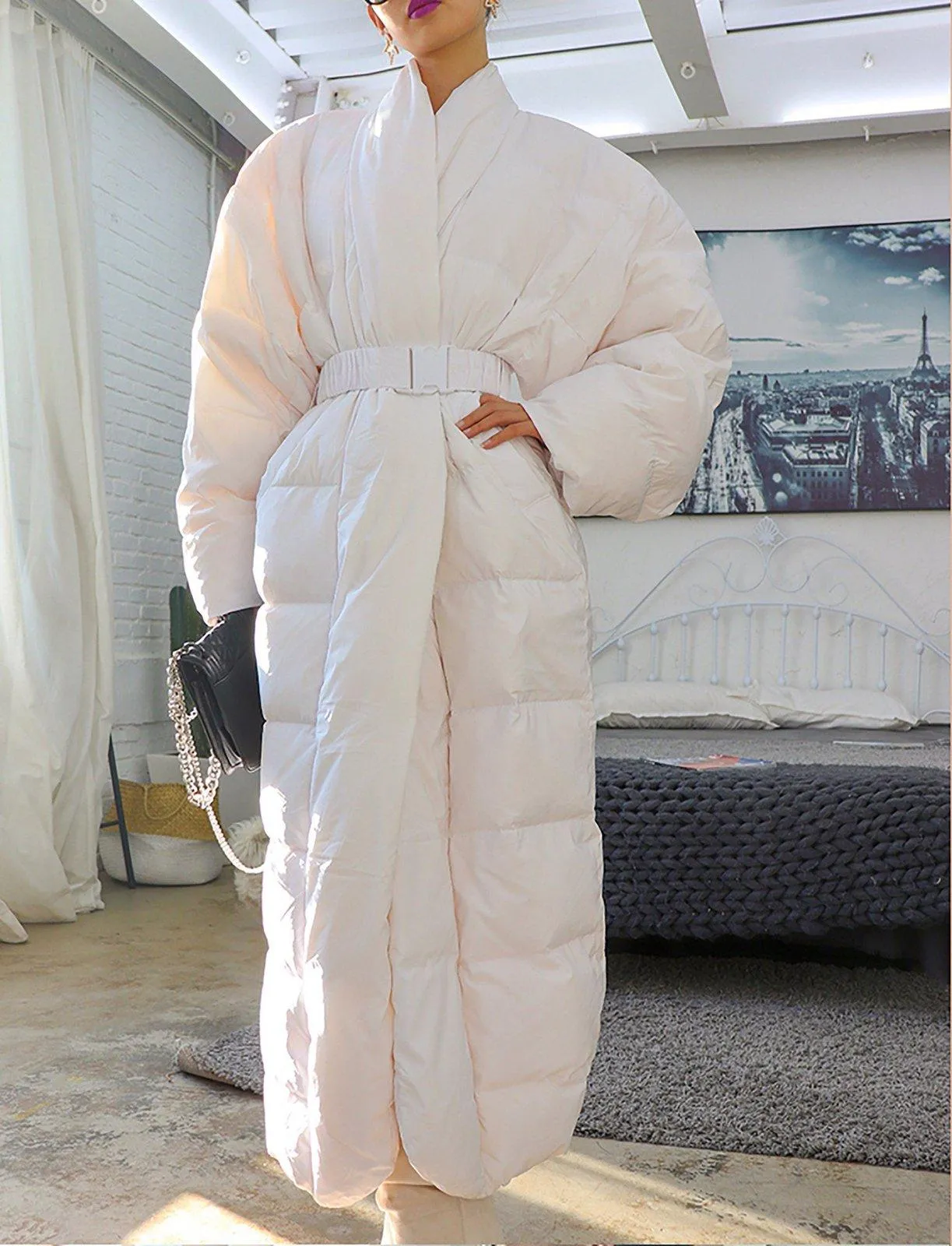 Shawl Collar Belted Wrap Maxi Puffer Down Coat