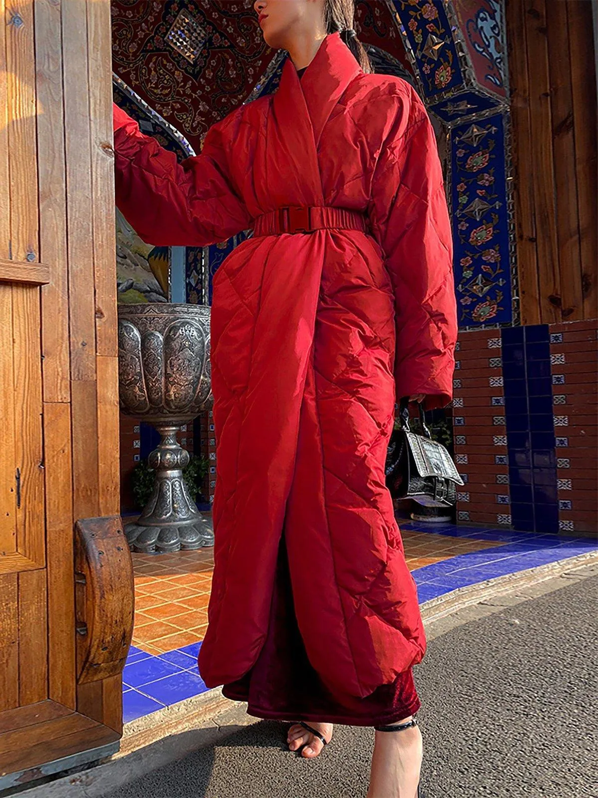 Shawl Collar Belted Wrap Maxi Puffer Down Coat