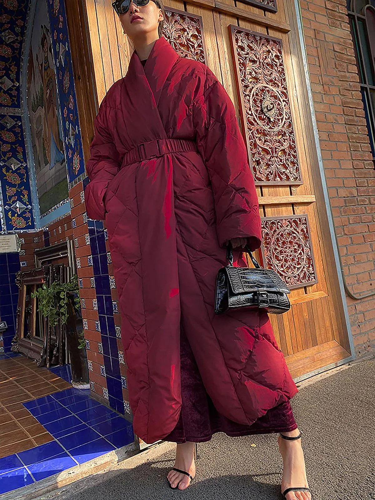 Shawl Collar Belted Wrap Maxi Puffer Down Coat