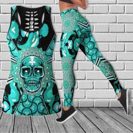 Skull Pattern Gothic Cyan Cool Combo Tanktop & Leggings Yoga