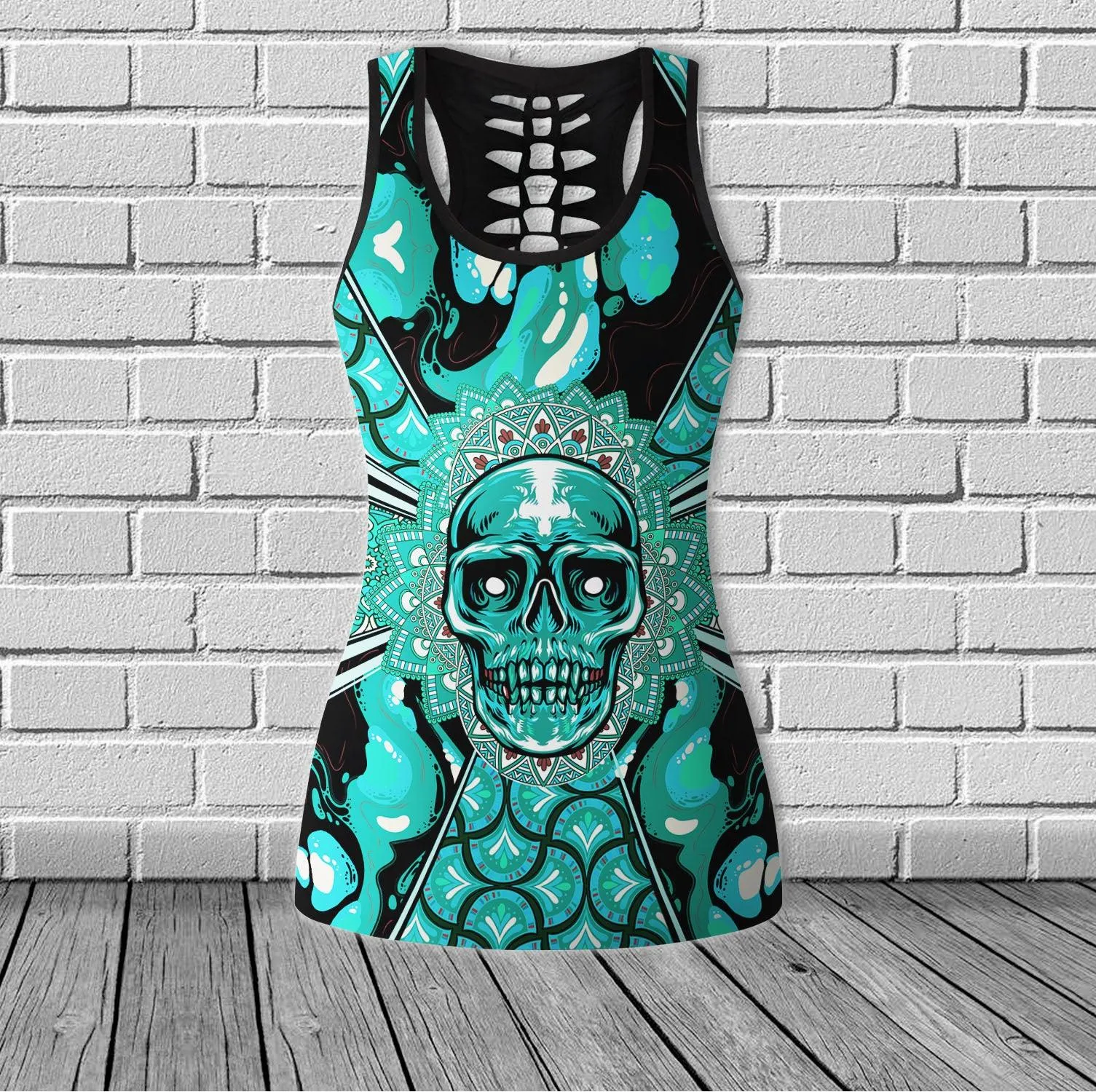Skull Pattern Gothic Cyan Cool Combo Tanktop & Leggings Yoga