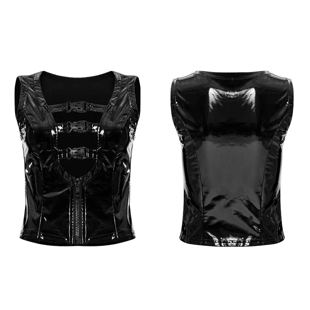 Slim Gothic Patent Leather Vest with Buckles Detail