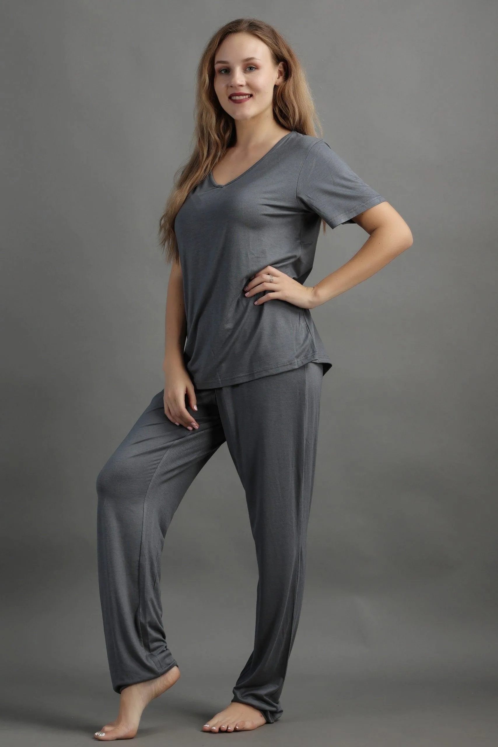 Solid Pyjama Night Suit Set -Grey