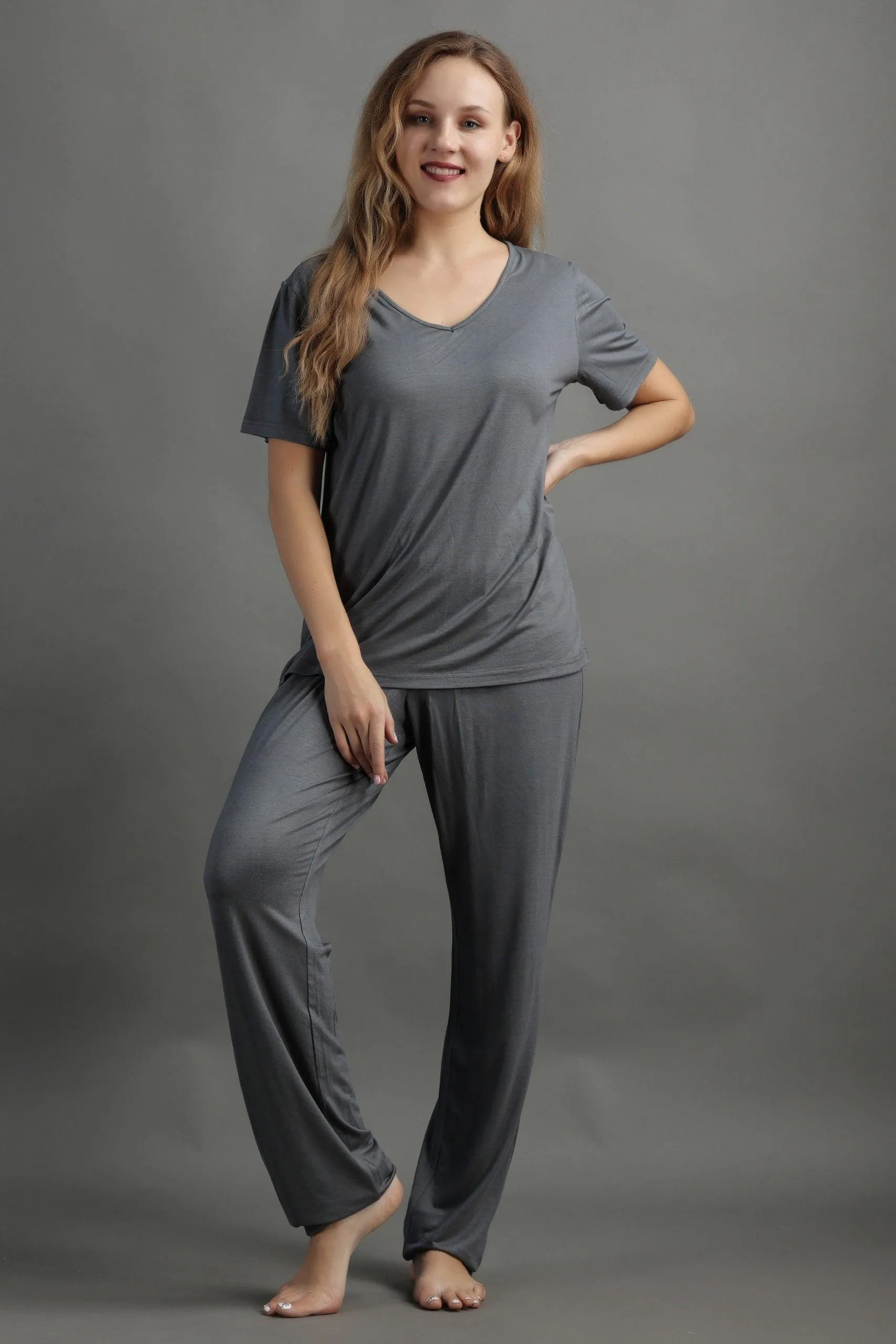Solid Pyjama Night Suit Set -Grey