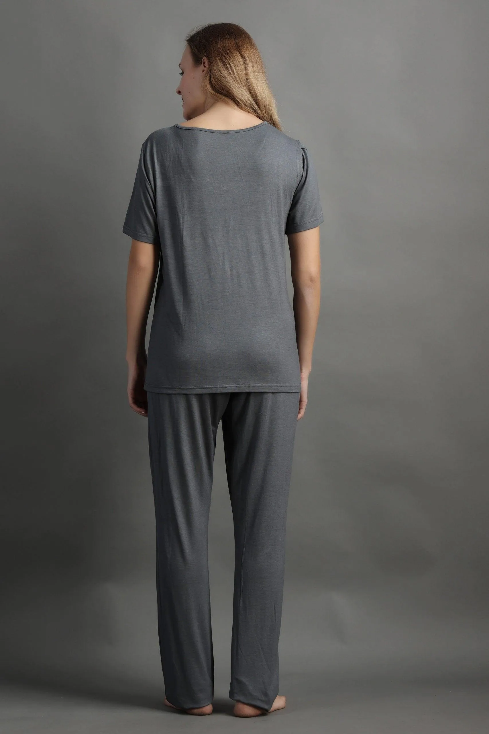 Solid Pyjama Night Suit Set -Grey